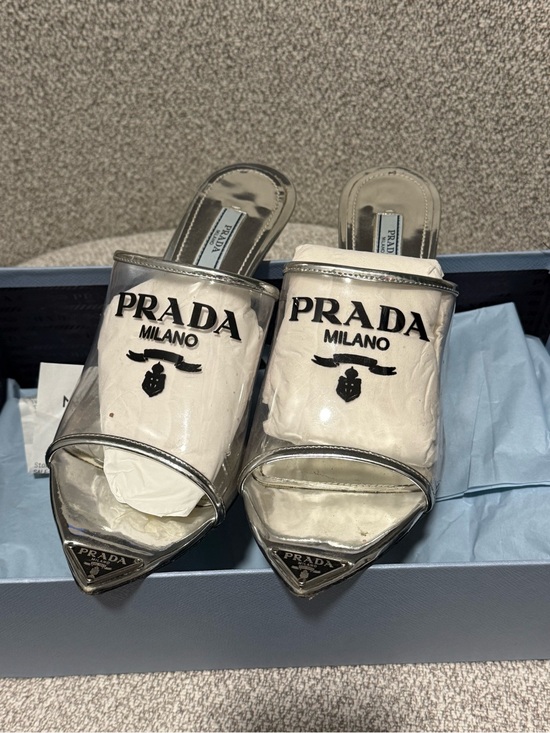 Prada Shoes - Prada White and Silver Logo Slide Sandals